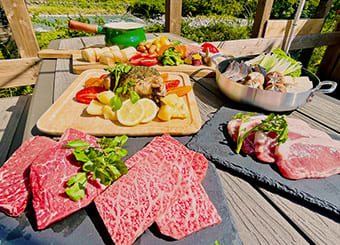 産地直送和牛A5ランクと地元足柄牛の食べ比べ!グランピングBBQと季節のおすすめ鍋コース